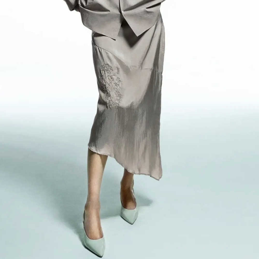 Zara Asymmetrical Midi Skirt With Beaded Detail